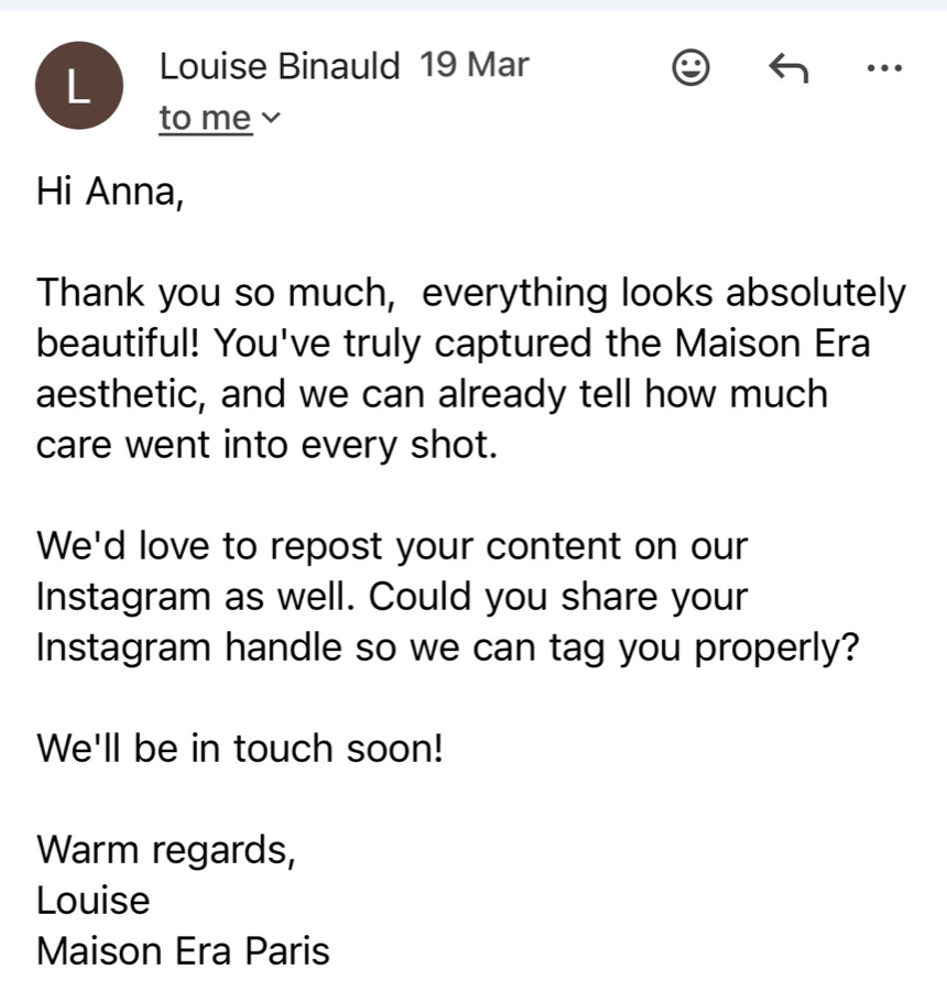 Message from Maison Era Paris praising Adorelle's content